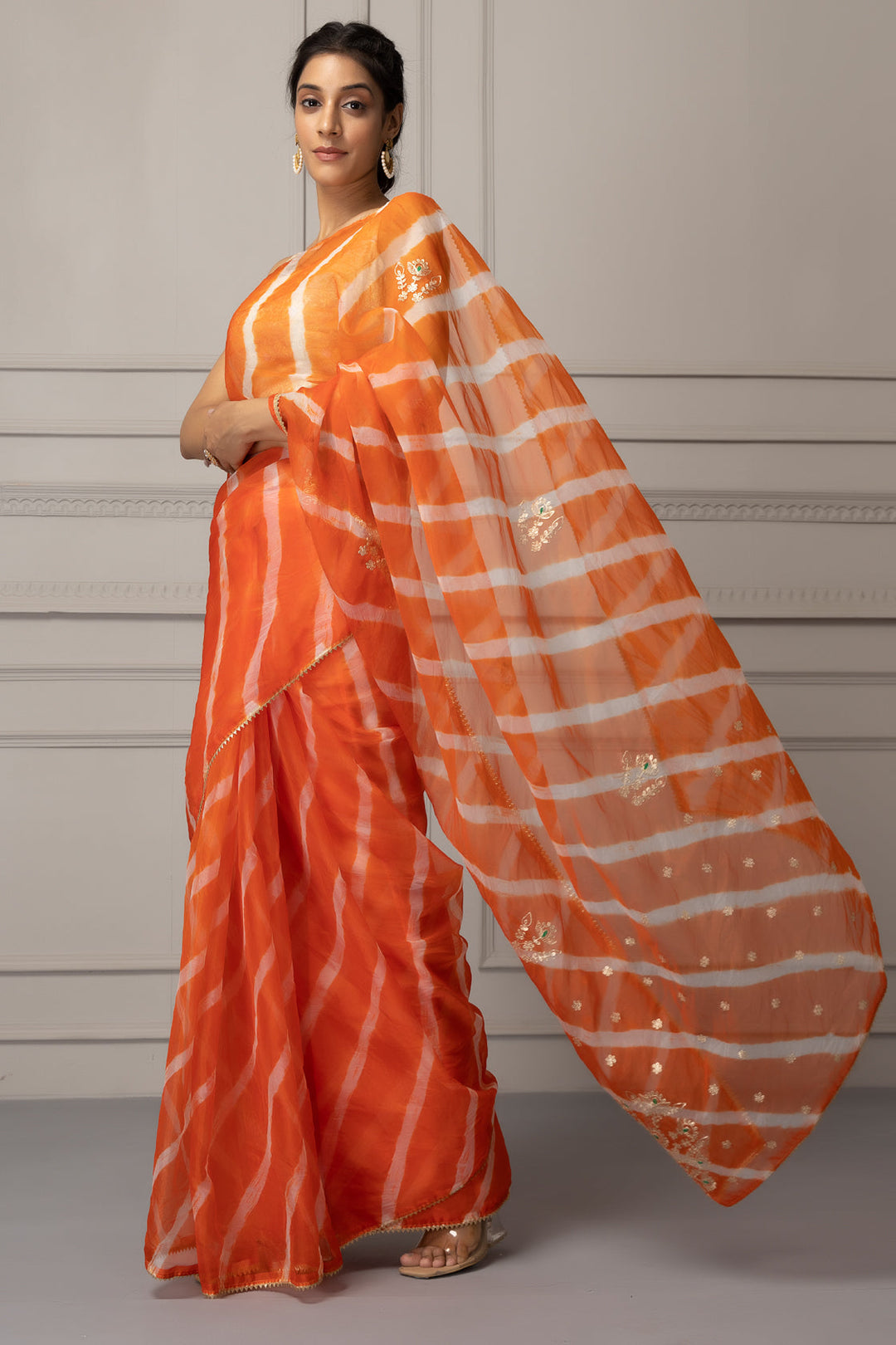 Orange Handcrafted Leheriya Organza Saree With Pittan Work - Geroo Jaipur