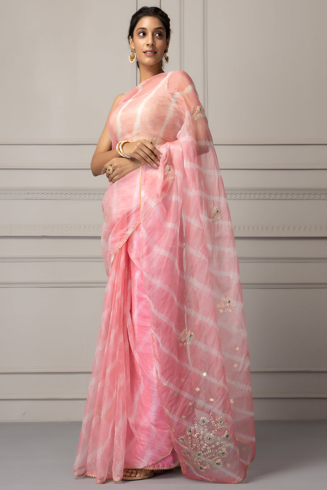 Light Pink Handcrafted Pittan Work Organza Leheriya Saree - Geroo Jaipur