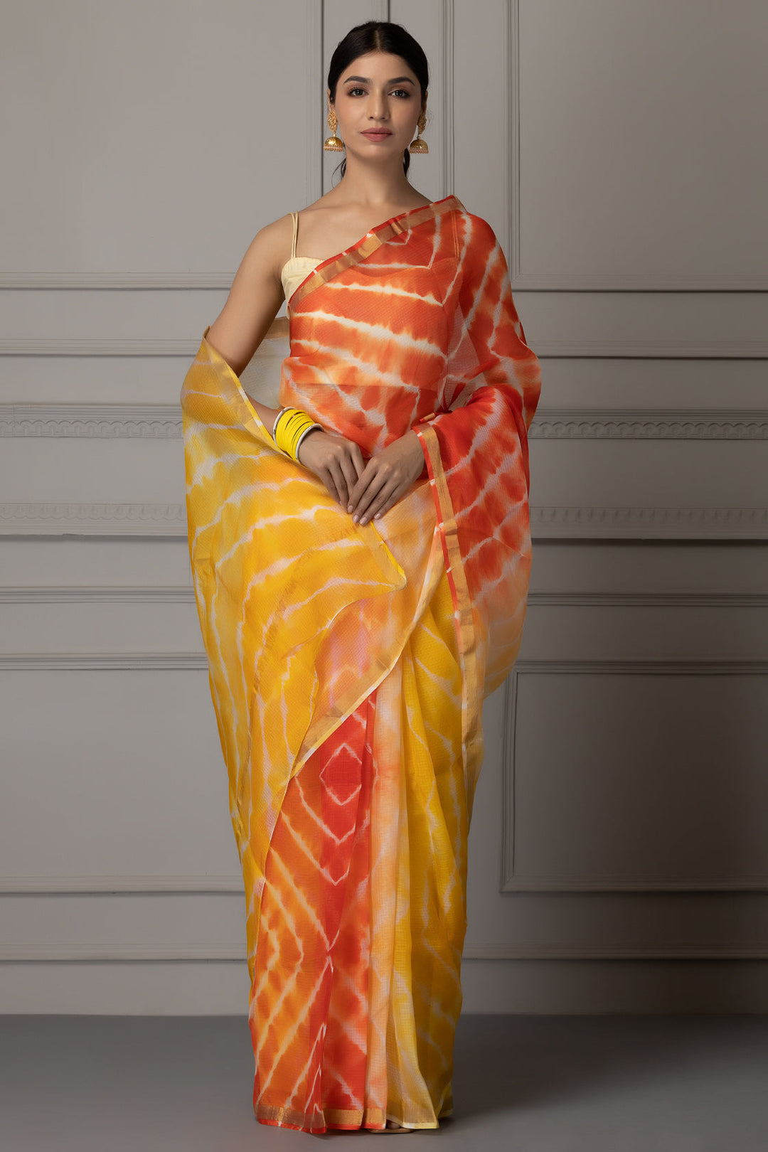 Yellow and Orange Handcrafted Pure Kota Silk Leheriya Saree - Geroo Jaipur