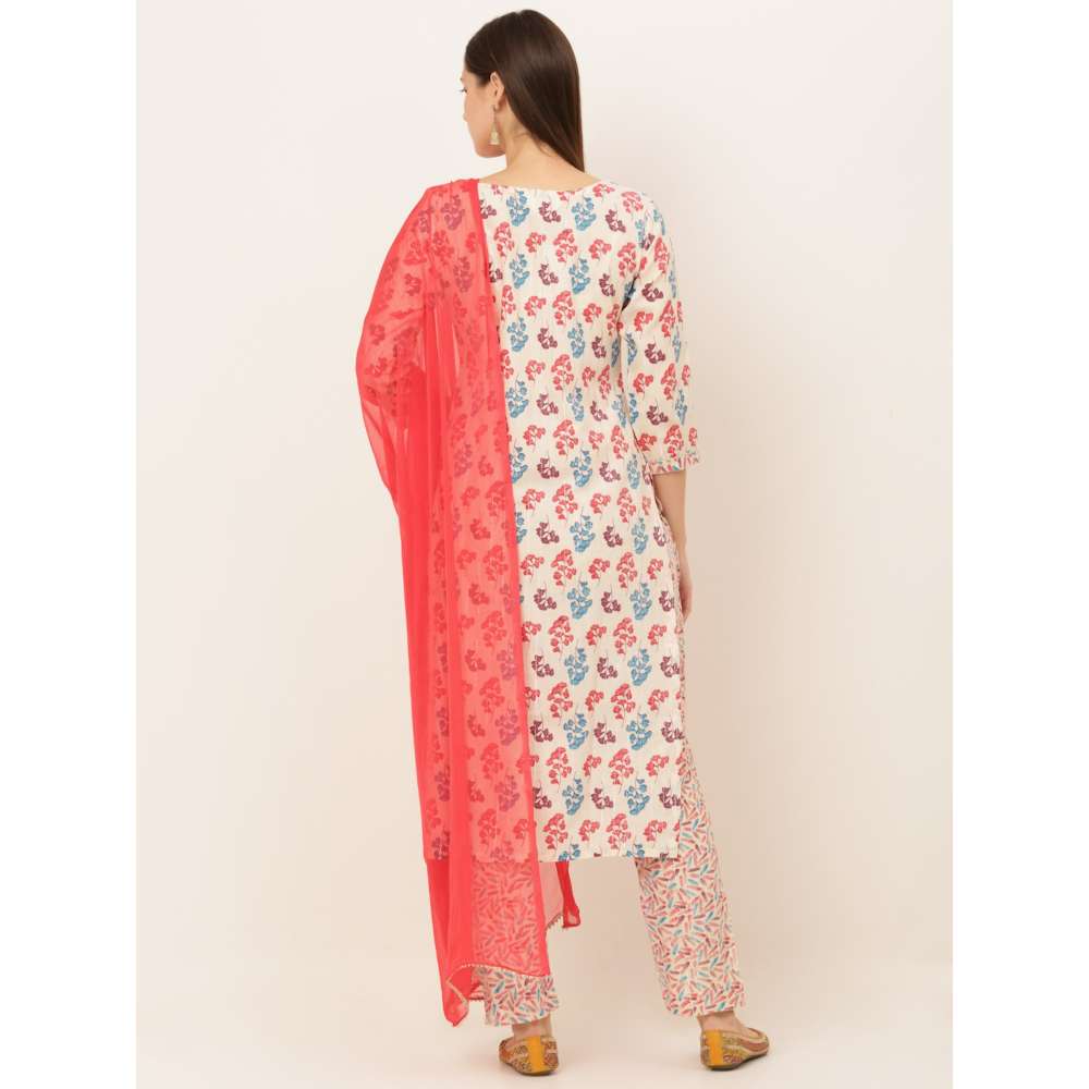 Laado Cream-Coloured Floral Kurta with Trousers With Dupatta (Set of 3)