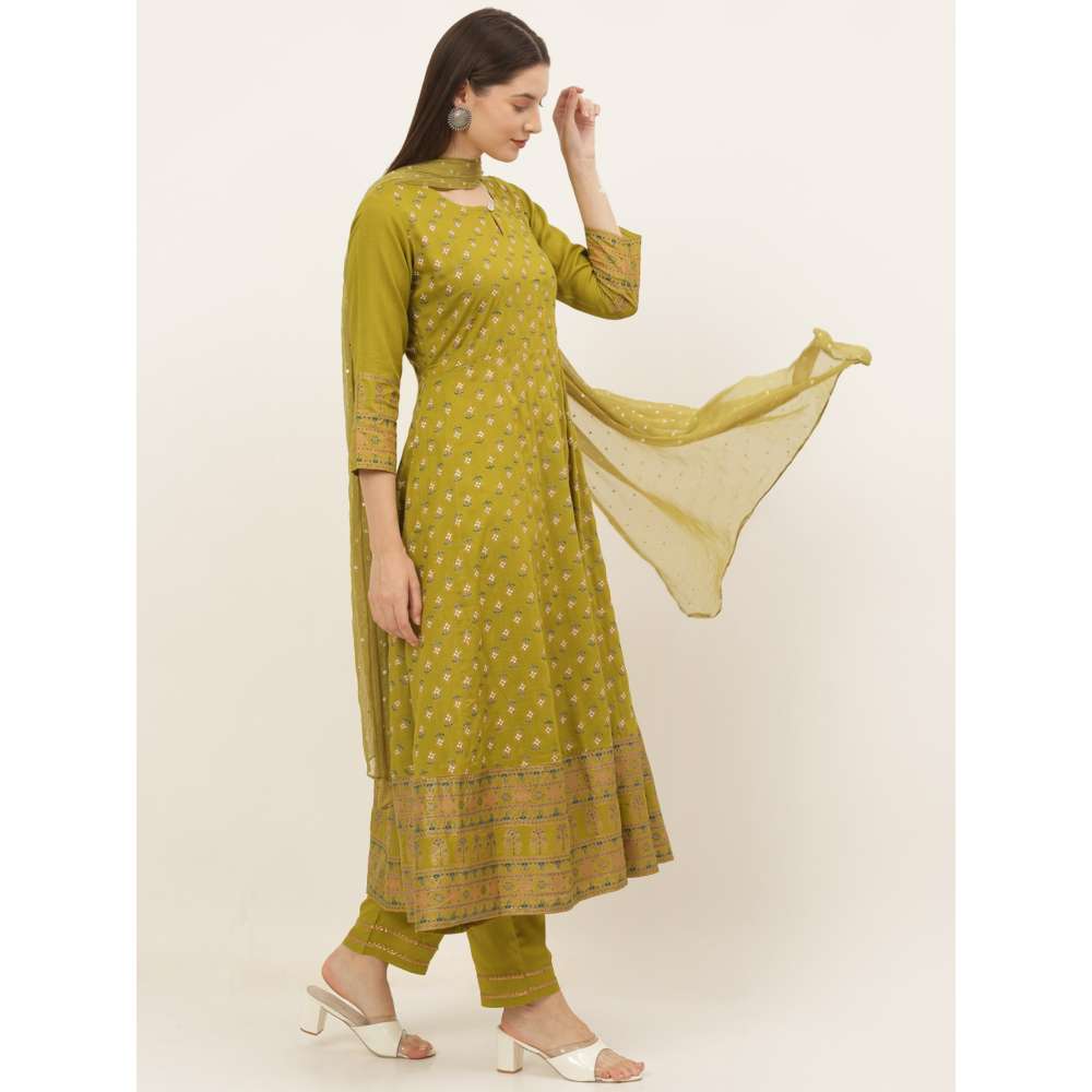 Laado Women Green Floral Empire Kurta with Trousers With Dupatta (Set of 3)