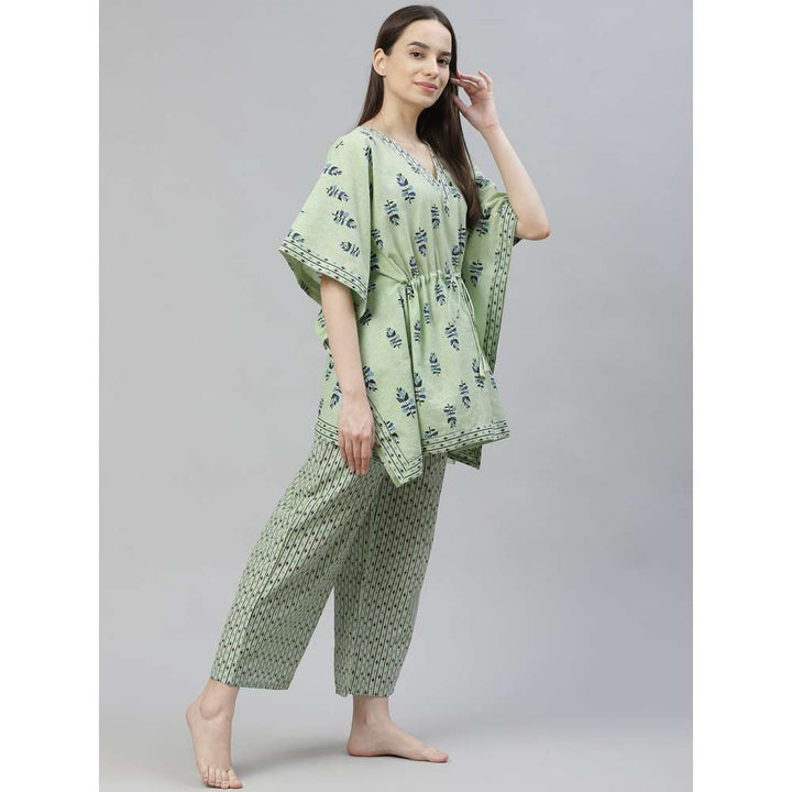 Laado Green Floral Print Pure Cotton Kaftan Night Suit (Set of 2)