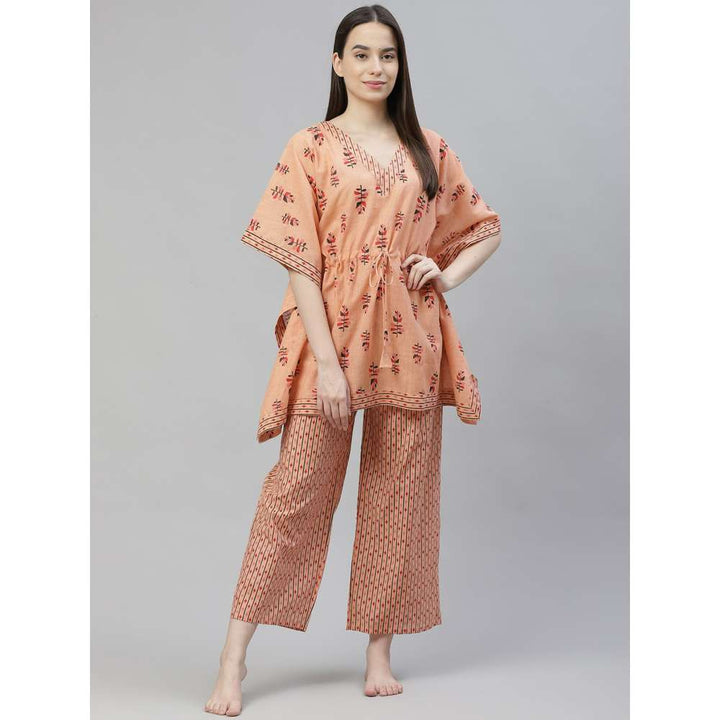 Laado Peach Floral Print Pure Cotton Kaftan Night Suit (Set of 2)