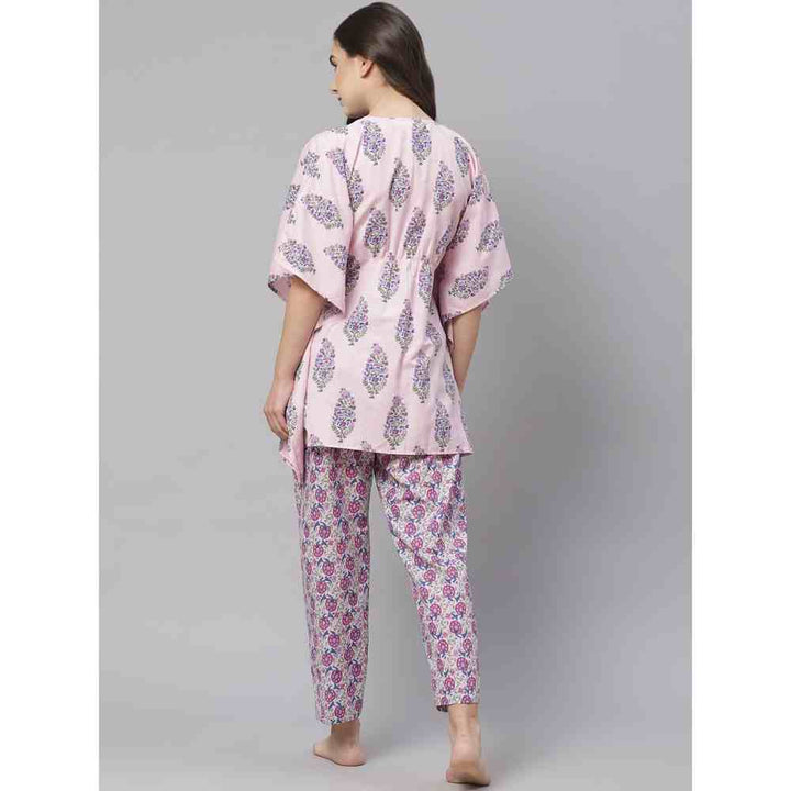 Laado Floral Pink Yoke Kaftan Night Suit (Set of 2)