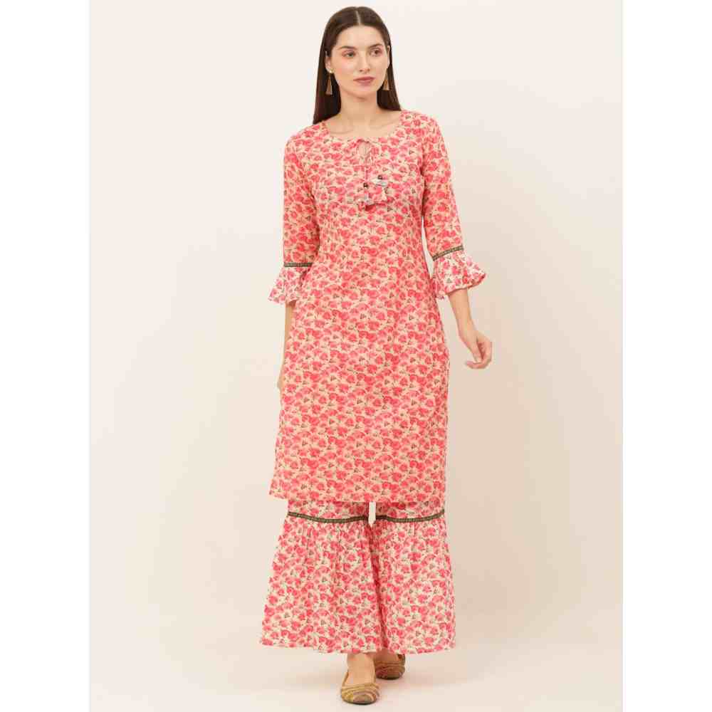 Laado Women Pink Floral Printed Pure Cotton Kurti with Skirt (Set of 2)