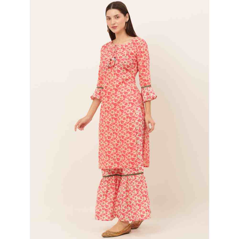 Laado Women Pink Floral Printed Pure Cotton Kurti with Skirt (Set of 2)