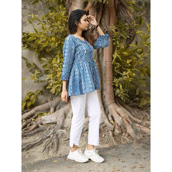 Laado Natural Dyed Hand Block Printed Blue Pleated Top