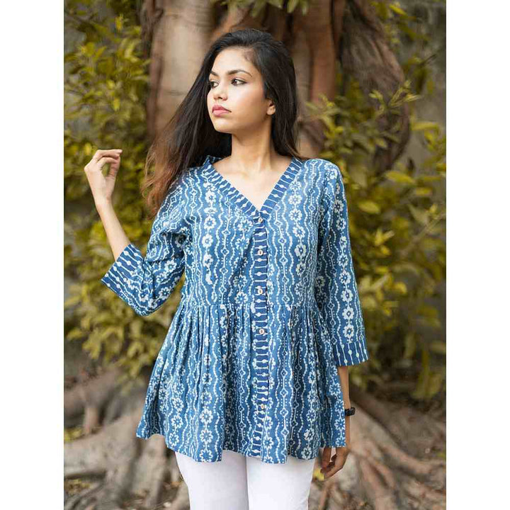 Laado Natural Dyed Hand Block Printed Blue Pleated Top