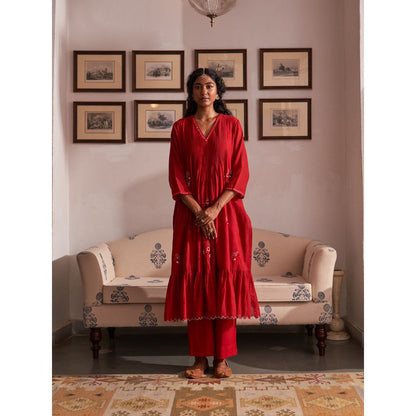 Label Earthen Red Anarkali & Pant with Dupatta (Set of 3)