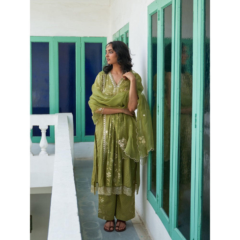 Label Earthen Green Kurta & Pant with Dupatta (Set of 3)