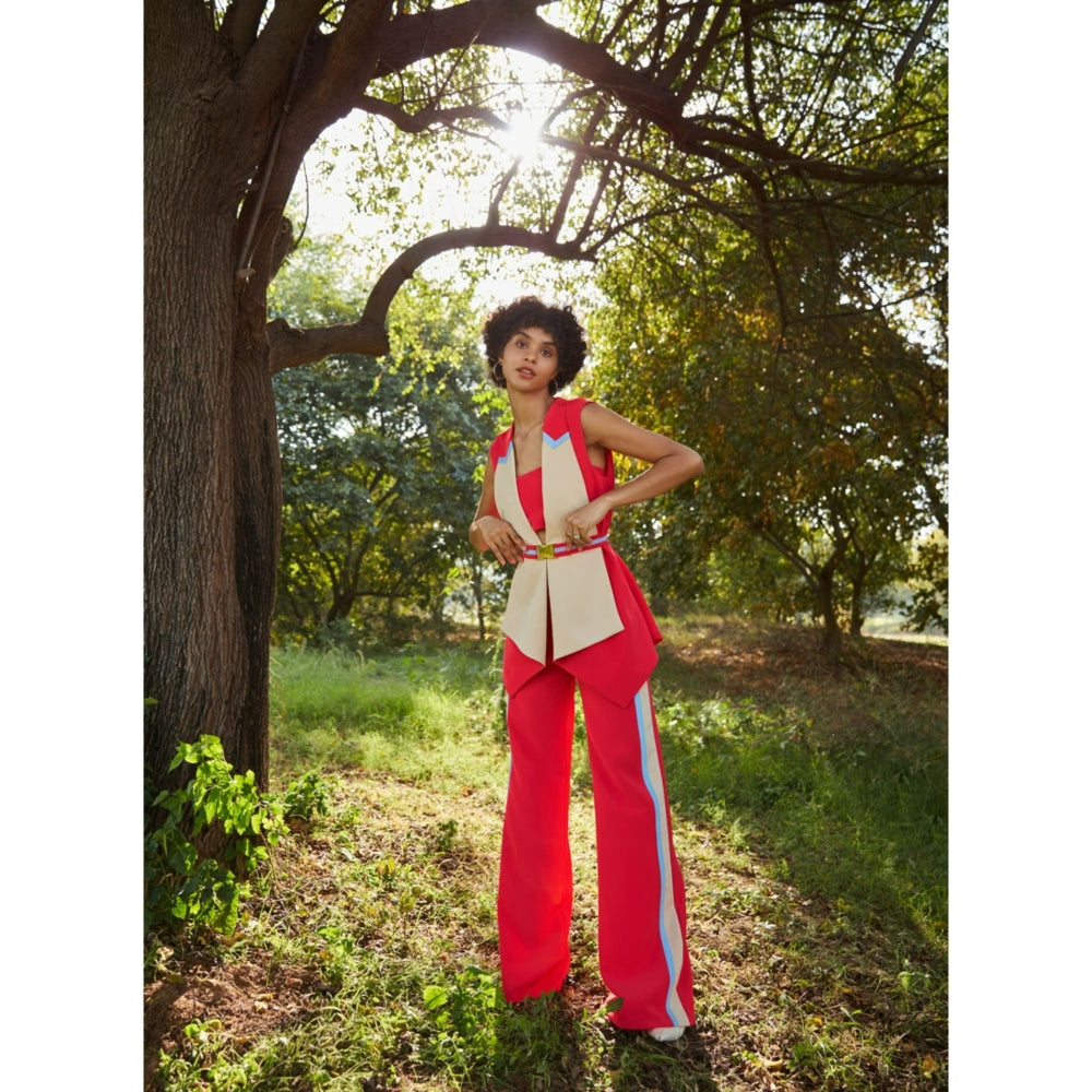 Label Deepika Nagpal Coral Pink-Beige Capelet And Pants With Bustier (Set of 4)