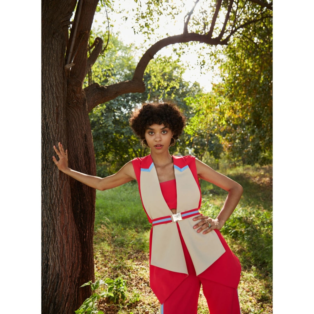 Label Deepika Nagpal Coral Pink-Beige Capelet And Pants With Bustier (Set of 4)