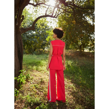 Label Deepika Nagpal Coral Pink-Beige Capelet And Pants With Bustier (Set of 4)