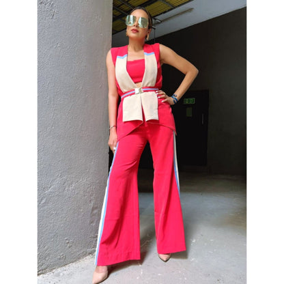 Label Deepika Nagpal Coral Pink-Beige Capelet And Pants With Bustier (Set of 4)