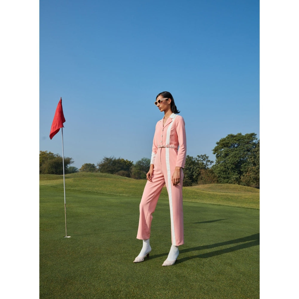 Label Deepika Nagpal Petal Peach Colour Blocked Jumpsuit With Belt (Set of 2)