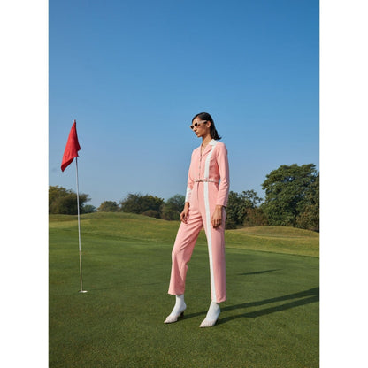 Label Deepika Nagpal Petal Peach Colour Blocked Jumpsuit With Belt (Set of 2)