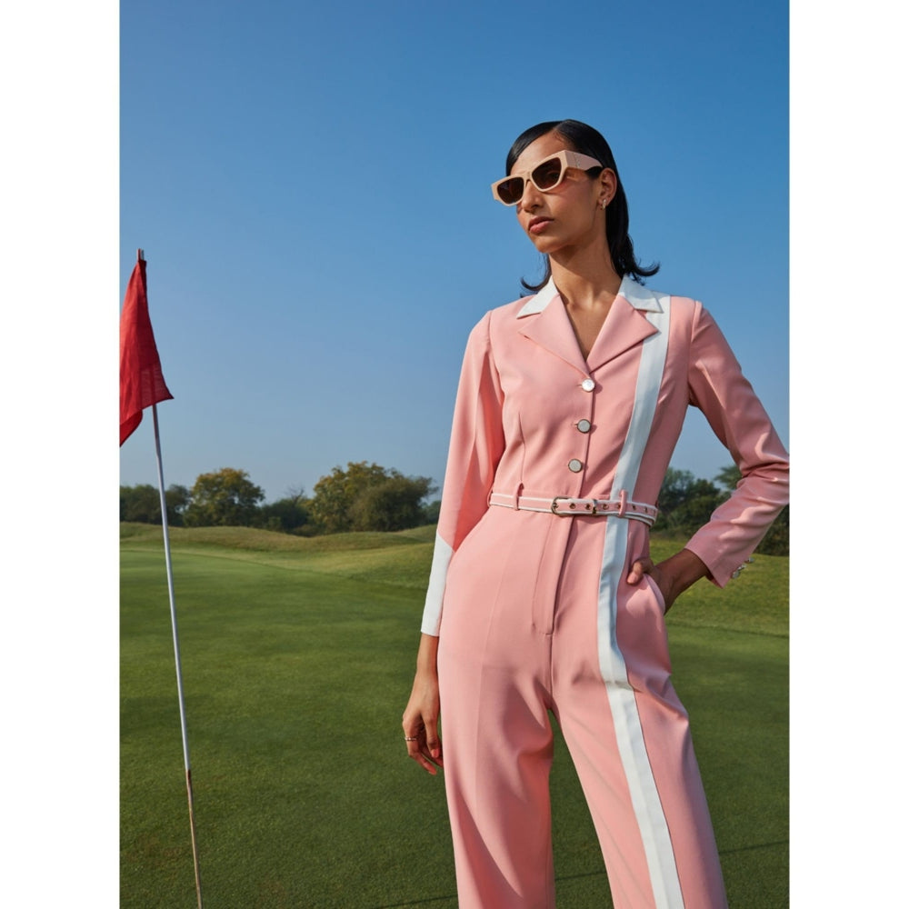 Label Deepika Nagpal Petal Peach Colour Blocked Jumpsuit With Belt (Set of 2)