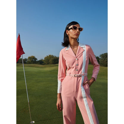 Label Deepika Nagpal Petal Peach Colour Blocked Jumpsuit With Belt (Set of 2)