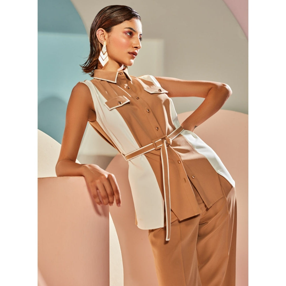 Label Deepika Nagpal Peru Flap Shirt With Belt & Colour Blocking Detail -Sleeveless (Set of 3)