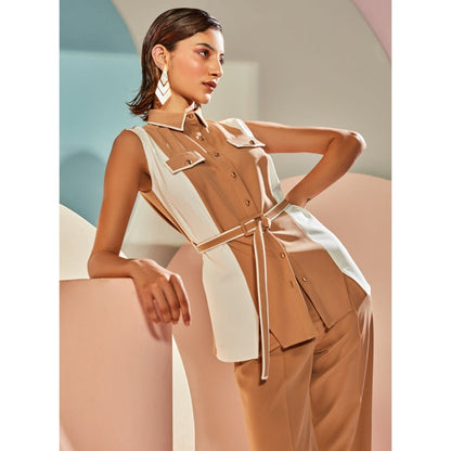 Label Deepika Nagpal Peru Flap Shirt With Belt & Colour Blocking Detail -Sleeveless (Set of 3)