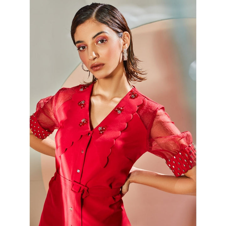 Label Deepika Nagpal Ruby Red High-Low Embellished Top With Scallop Detailing (Set of 3)