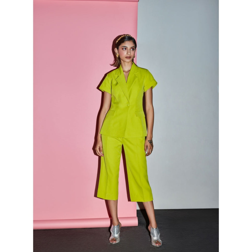 Label Deepika Nagpal Lime Green Blazer With Detachable Belt And Culottes (Set of 3)