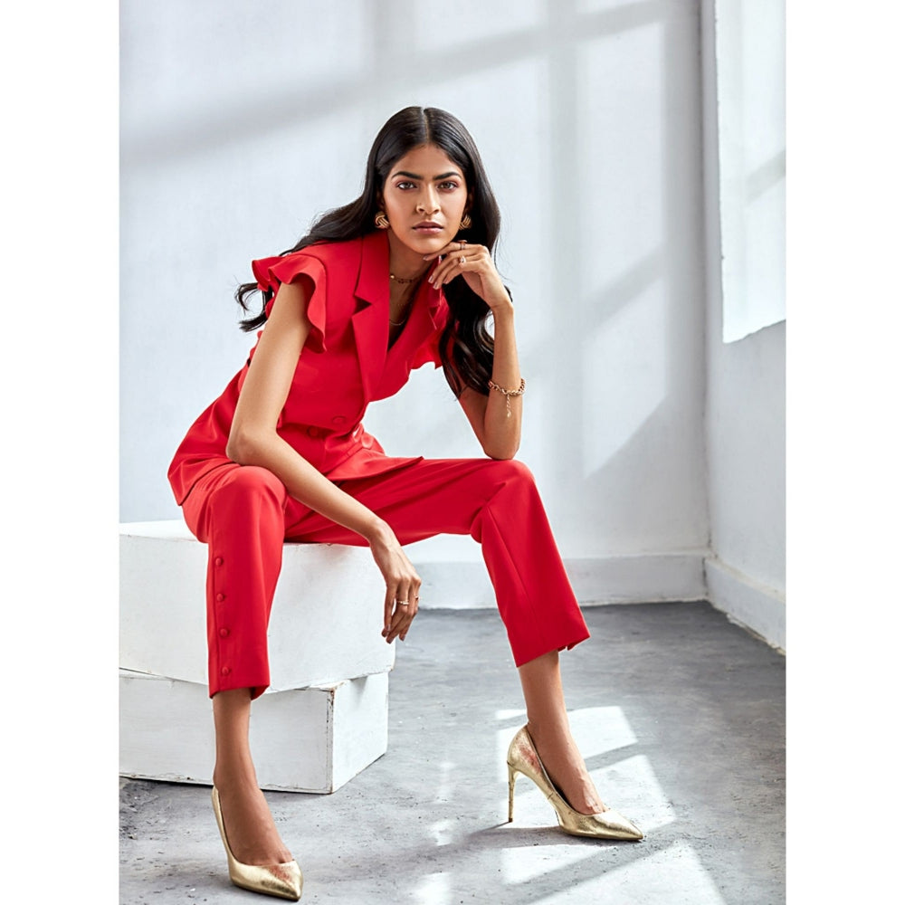 Label Deepika Nagpal Flame Red Frill Blazer And Narrow Pants (Set of 2)