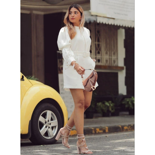 Label Deepika Nagpal Pearl White Playsuit With Exaggerated Sleeves And Belt (Set of 2)