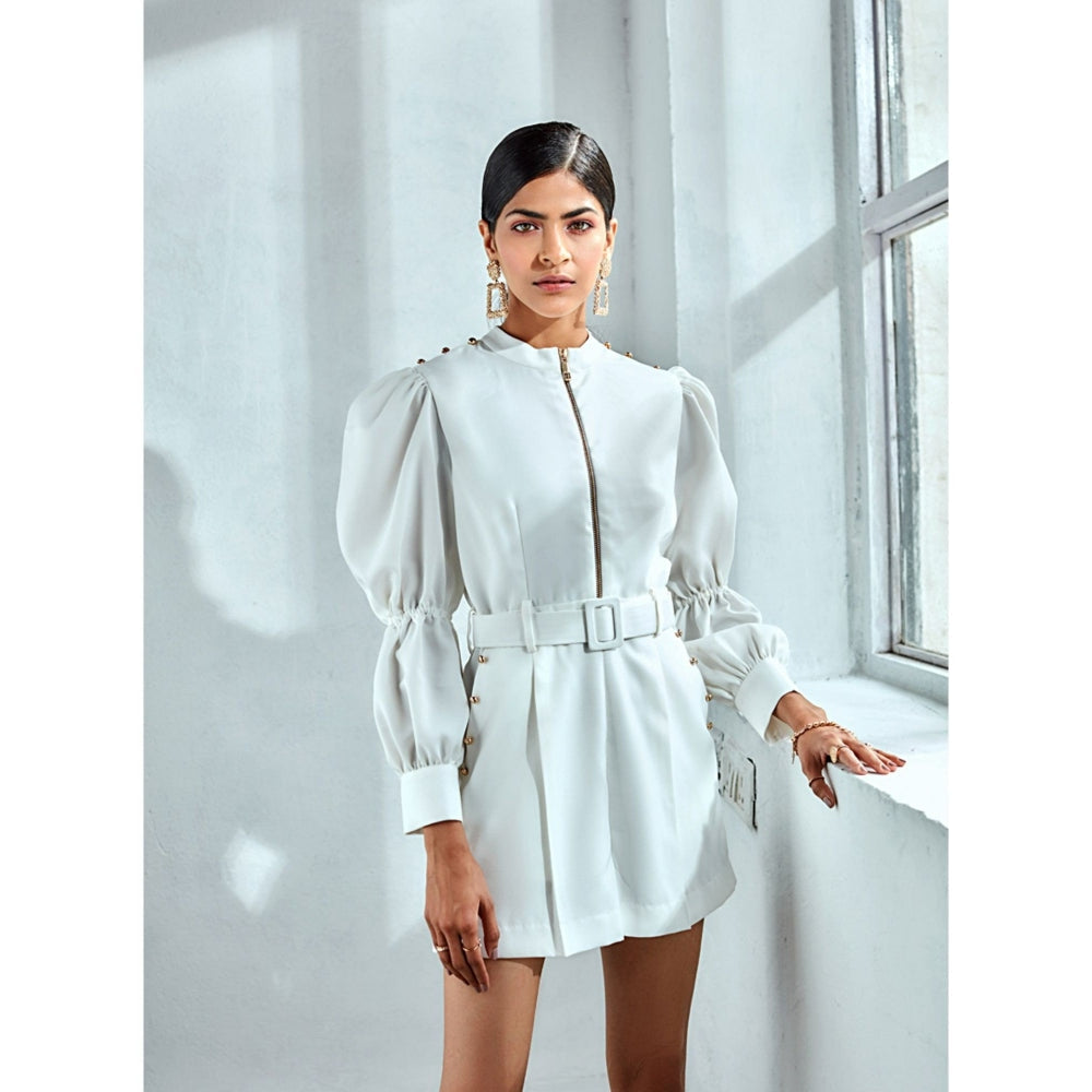 Label Deepika Nagpal Pearl White Playsuit With Exaggerated Sleeves And Belt (Set of 2)