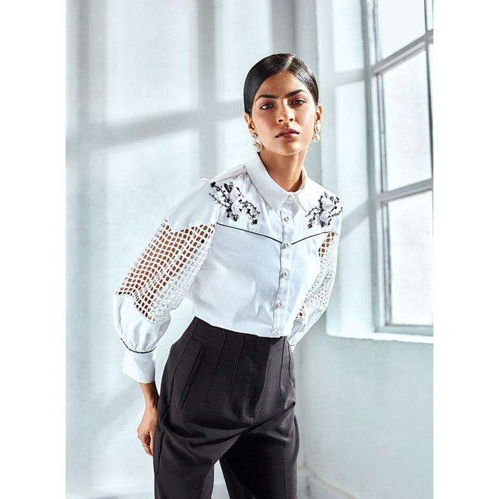 Label Deepika Nagpal Patrick White Embellished Shirt With Shifley Sleeves