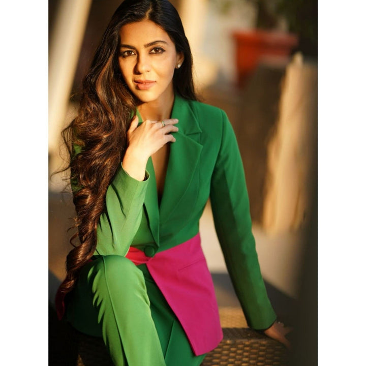 Label Deepika Nagpal Green Colour Blocked Blazer With Narrow Pants (Set of 2)