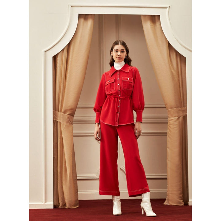 Label Deepika Nagpal Fiery Red Shirt With Flap Pockets And Pants (Set of 2)