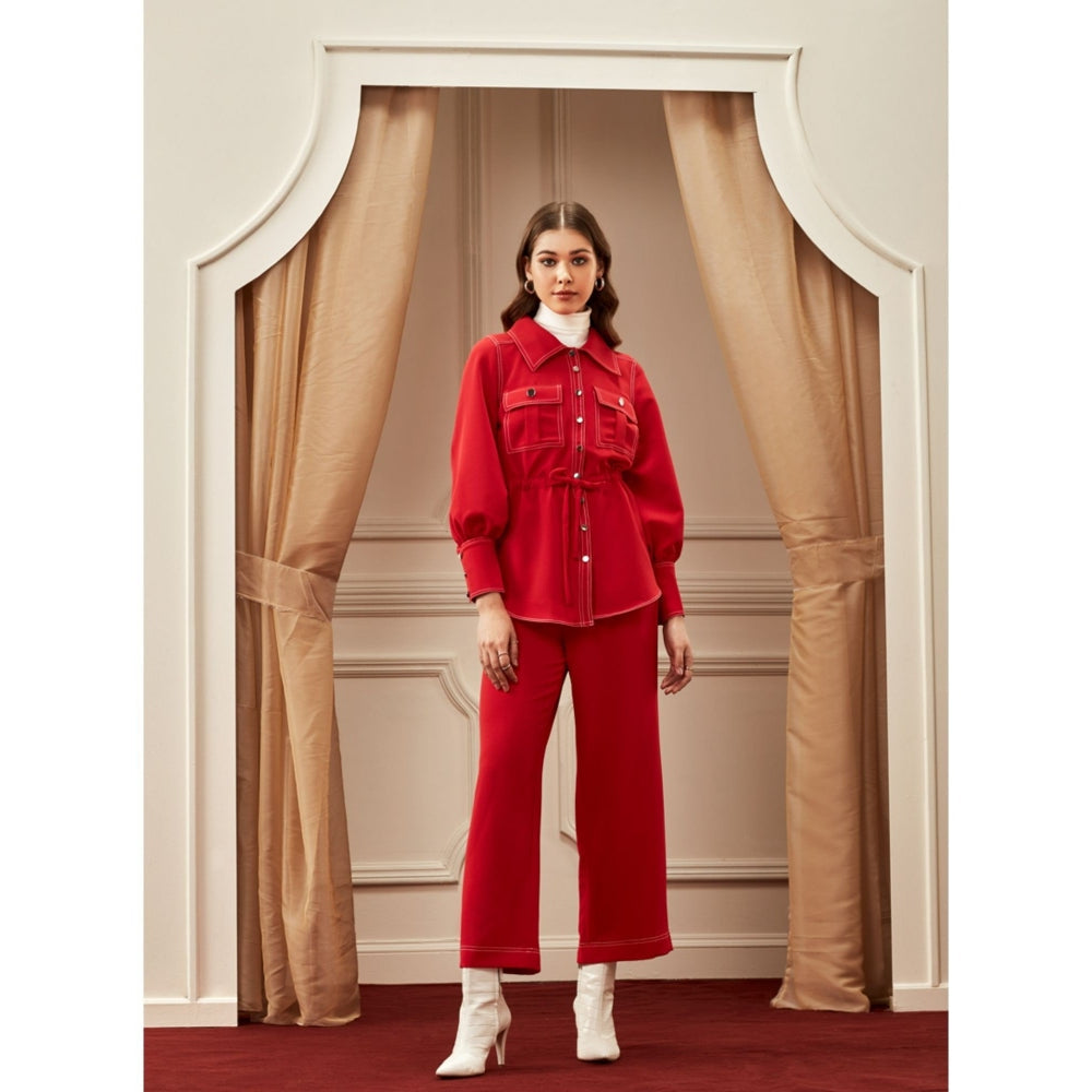 Label Deepika Nagpal Fiery Red Shirt With Flap Pockets And Pants (Set of 2)