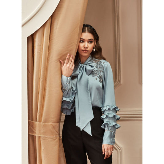 Label Deepika Nagpal Maya Frill Sleeve Shirt With A Collar Knot Detail