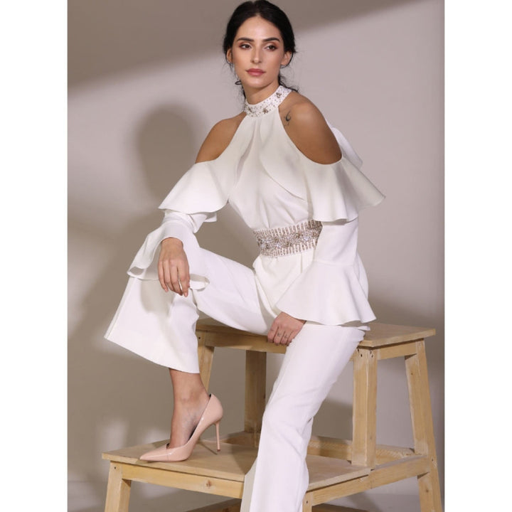 Label Deepika Nagpal White Cold Shoulder With Embroidered Belt And Flared Pants (Set of 3)