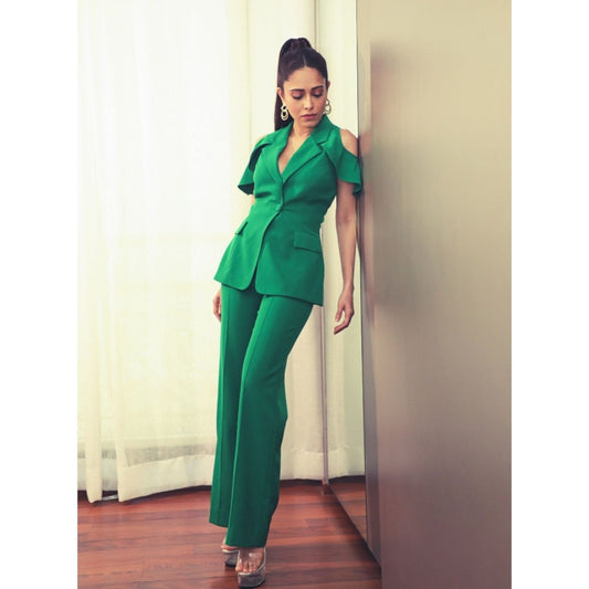 Label Deepika Nagpal Shamrock Green Cold Shoulder Blazer (Set of 2)