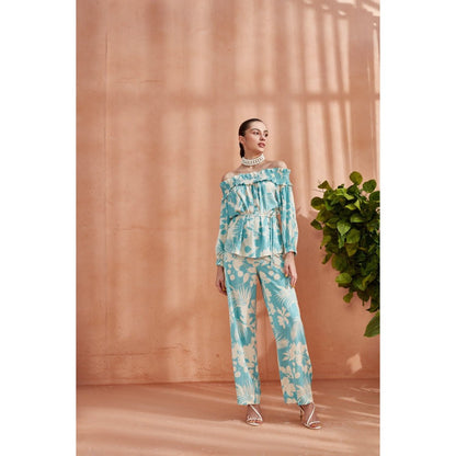 Label Deepika Nagpal Florence Off Shoulder Top Co-Ord Ocean Blue (Set of 3)