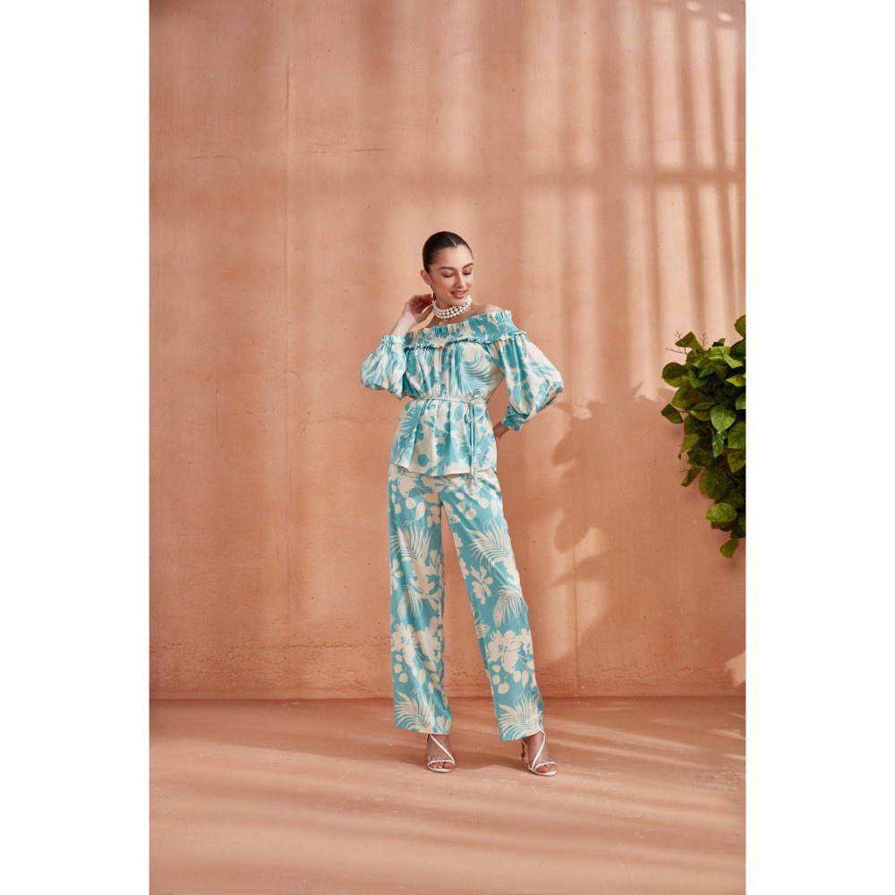 Label Deepika Nagpal Florence Off Shoulder Top Co-Ord Ocean Blue (Set of 3)