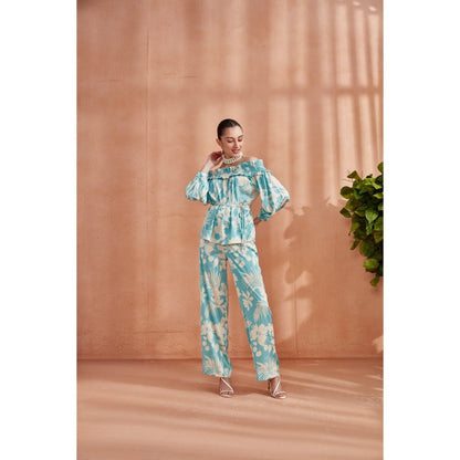 Label Deepika Nagpal Florence Off Shoulder Top Co-Ord Ocean Blue (Set of 3)