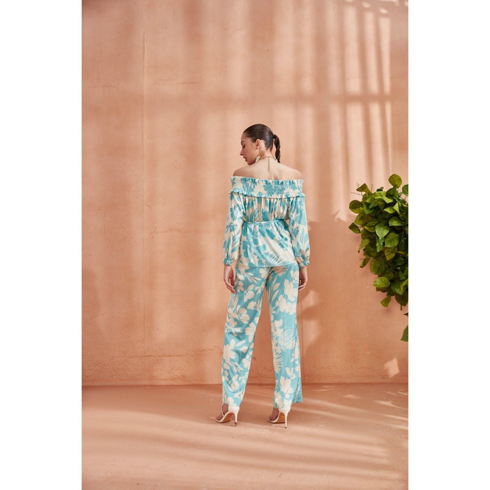 Label Deepika Nagpal Florence Off Shoulder Top Co-Ord Ocean Blue (Set of 3)