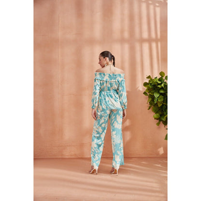 Label Deepika Nagpal Florence Off Shoulder Top Co-Ord Ocean Blue (Set of 3)