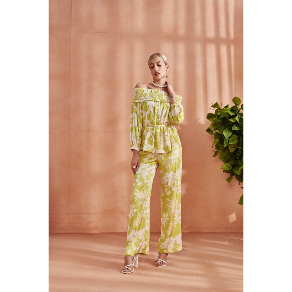 Label Deepika Nagpal Florence Off Shoulder Top Co-Ord Spring Green (Set of 3)