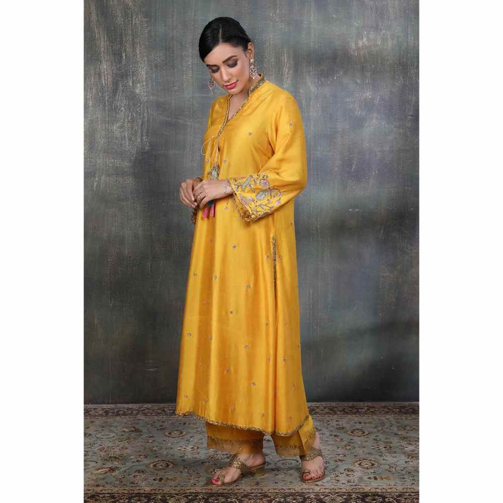 Label Niti Bothra Mustard Mughal Jaal Heavy Sleeve Kurta With Palazzo (Set of 2)