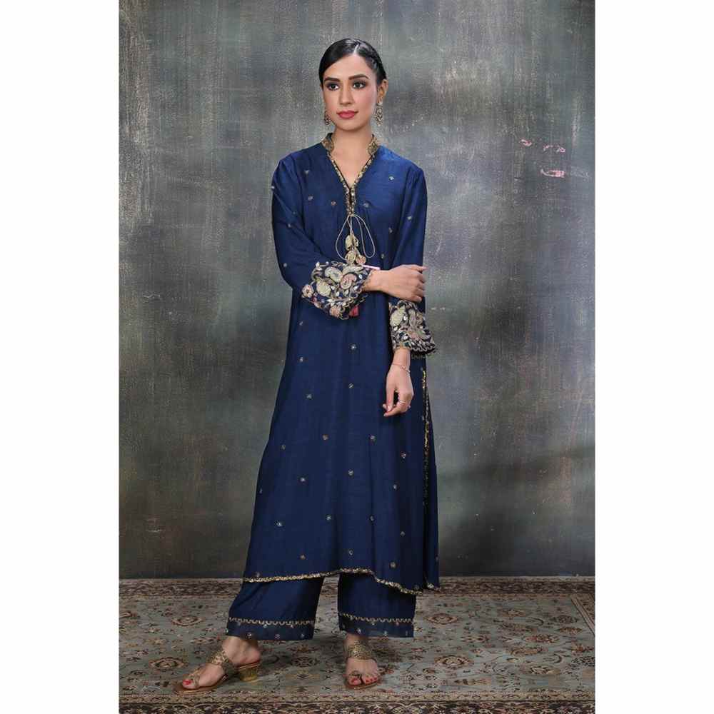 Label Niti Bothra Blue Mughal Jaal Heavy Sleeve Kurta With Palazzo (Set of 2)