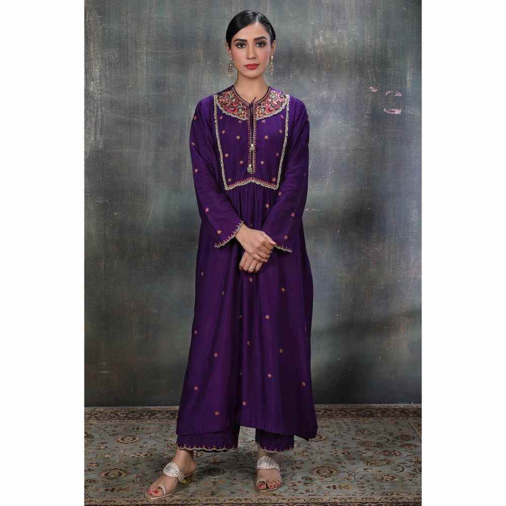 Label Niti Bothra Purple Floral Zardozi Chunnat Kurta With Palazzo (Set of 2)