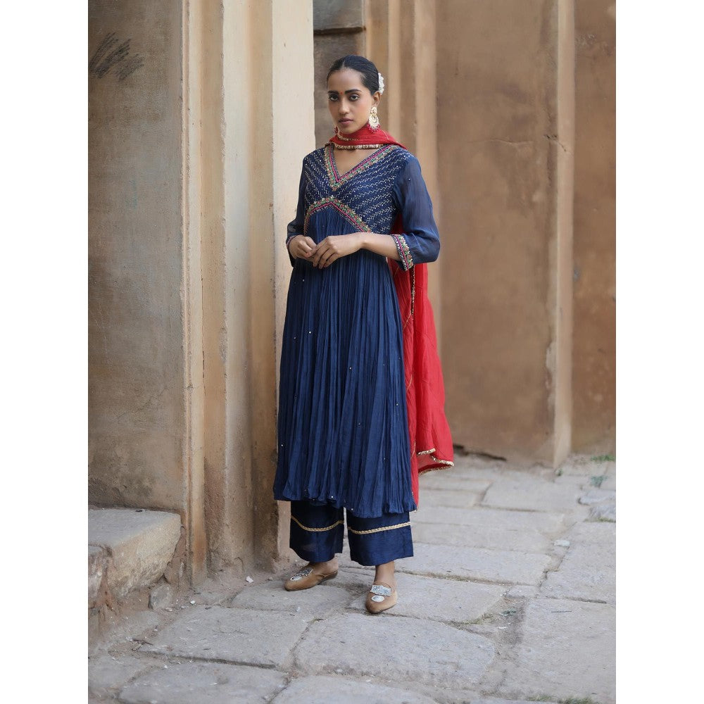 Label Kinjal Modi Navy Blue Kurta with Red Dupatta (Set of 3)