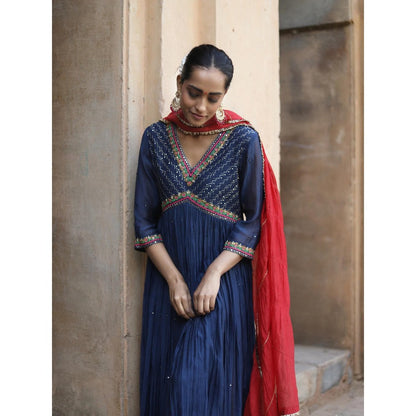 Label Kinjal Modi Navy Blue Kurta with Red Dupatta (Set of 3)