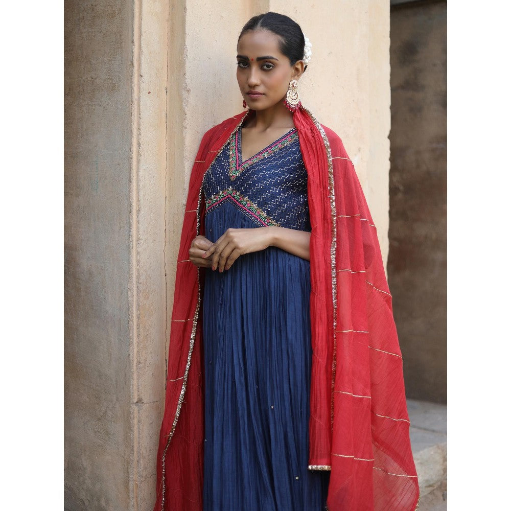 Label Kinjal Modi Navy Blue Kurta with Red Dupatta (Set of 3)