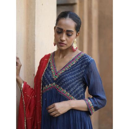 Label Kinjal Modi Navy Blue Kurta with Red Dupatta (Set of 3)