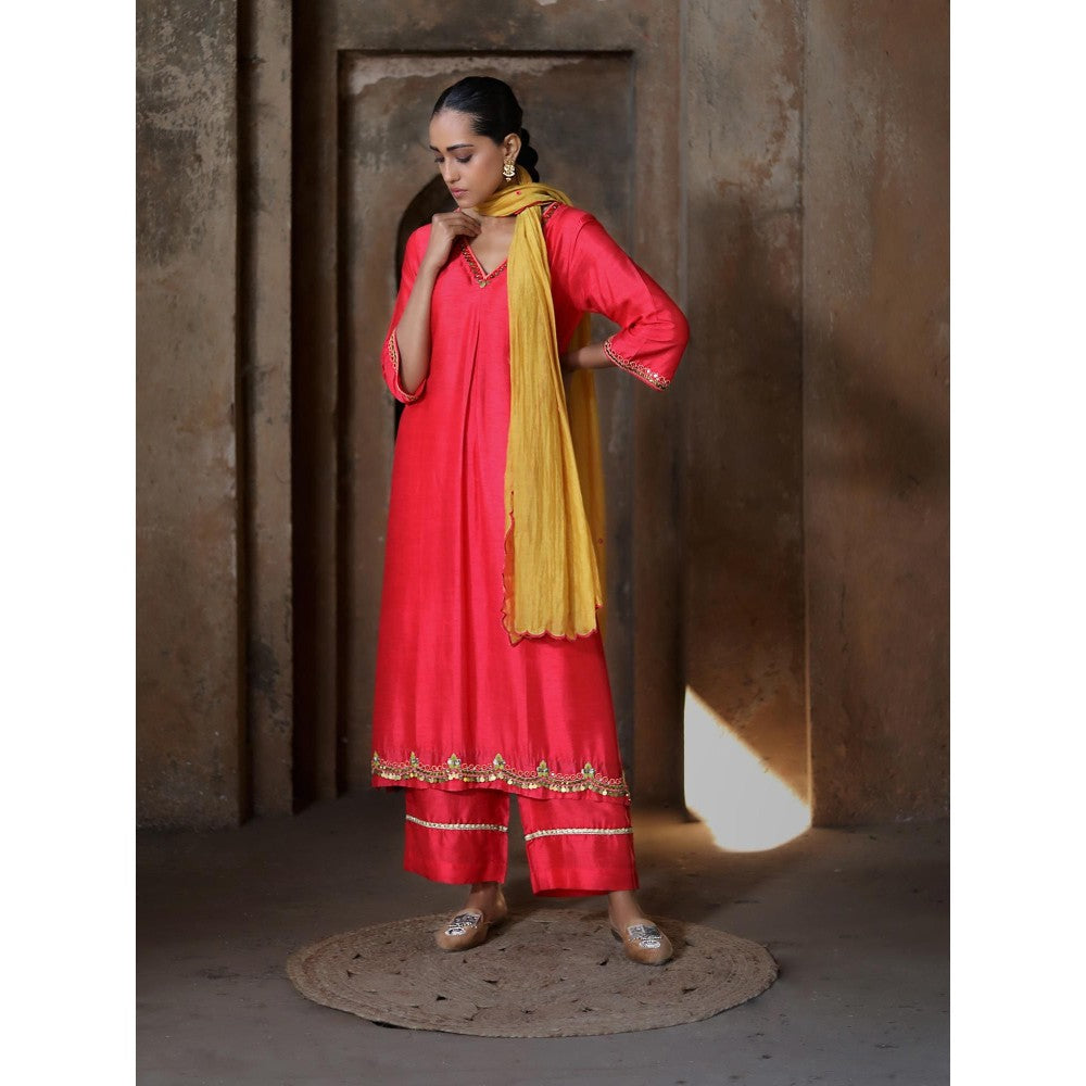 Label Kinjal Modi Tomato Red Kurta & Pant with Mustard Yellow Dupatta (Set of 3)